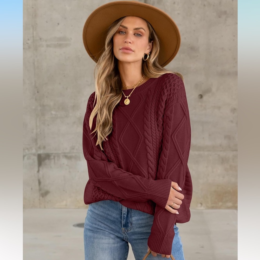 Red Cable Knit Crew Neck Sweater